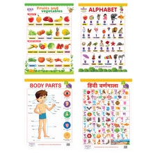 Load image into Gallery viewer, Fruits & Vegetables, Alphabet, Body Parts and Hindi Varnmala Educational Wall Charts for Kids
