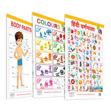Load image into Gallery viewer, Body Parts, Colours, and Hindi Varnmala Educational Wall Charts for Kids
