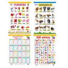 Load image into Gallery viewer, Flowers, Animals, Multiplication and Hindi Varnmala Educational Wall Charts for Kids