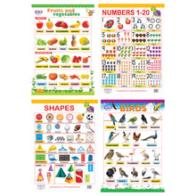 Load image into Gallery viewer, Birds, Fruits & Vegetables, Numbers (1-20), and Shapes Educational Wall Charts for Kids