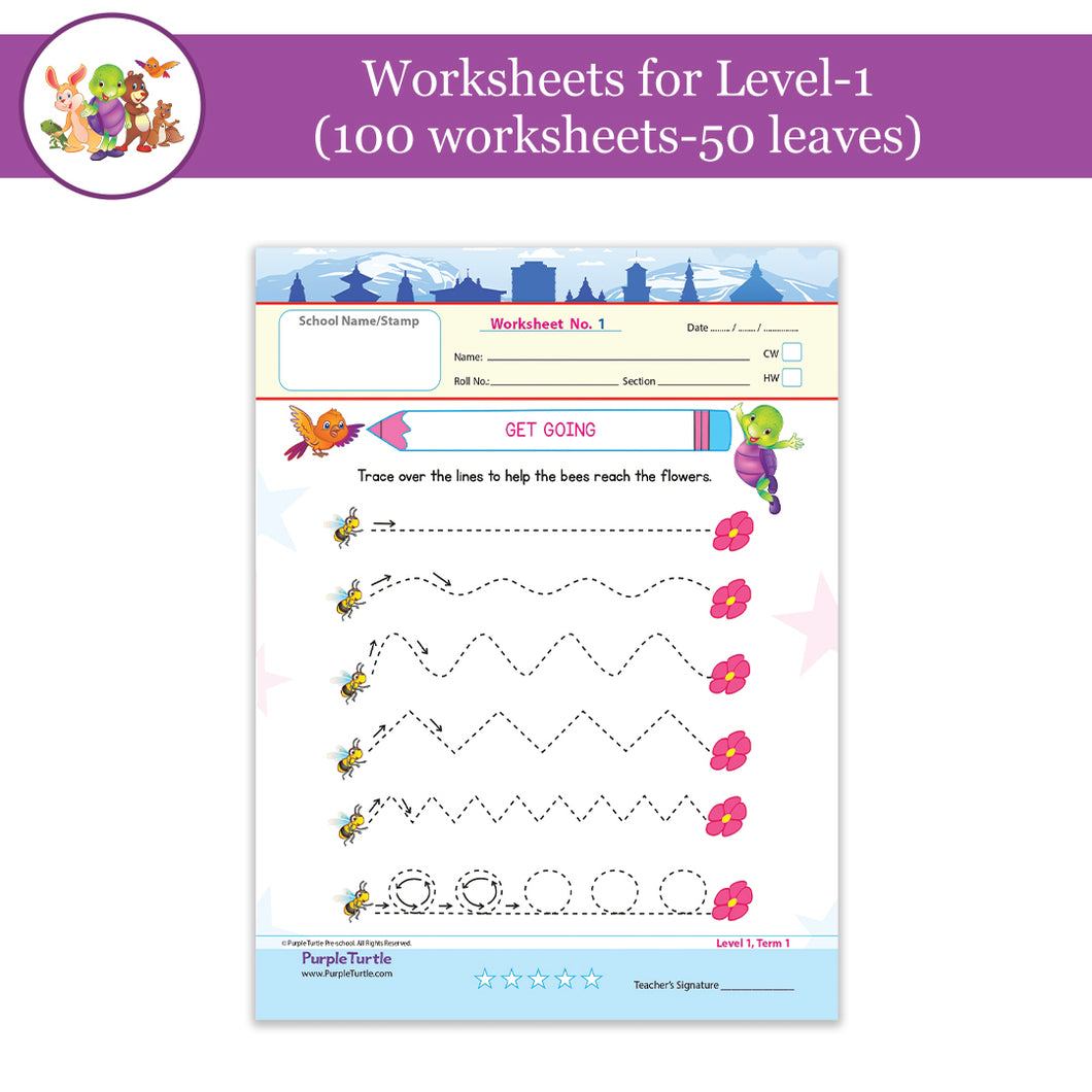 Purple Turtle Preschool Worksheets for Nursery - English, Maths & EVS - 100 Worksheets (100 Activities - 50 Leaves) for Early Learning