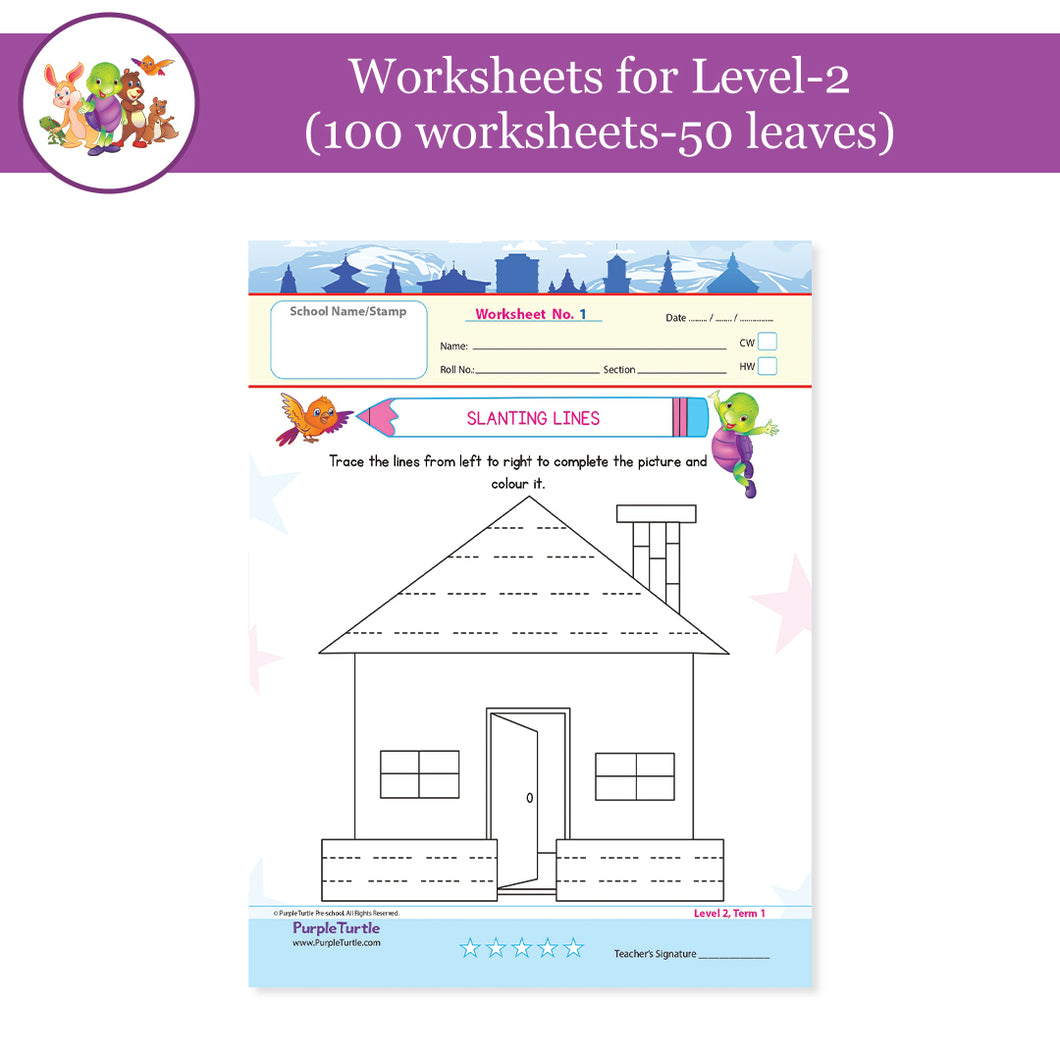 Purple Turtle Preschool Worksheets for LKG - English, Maths & EVS - 100 Worksheets (100 Activities - 50 Leaves) for Early Learning