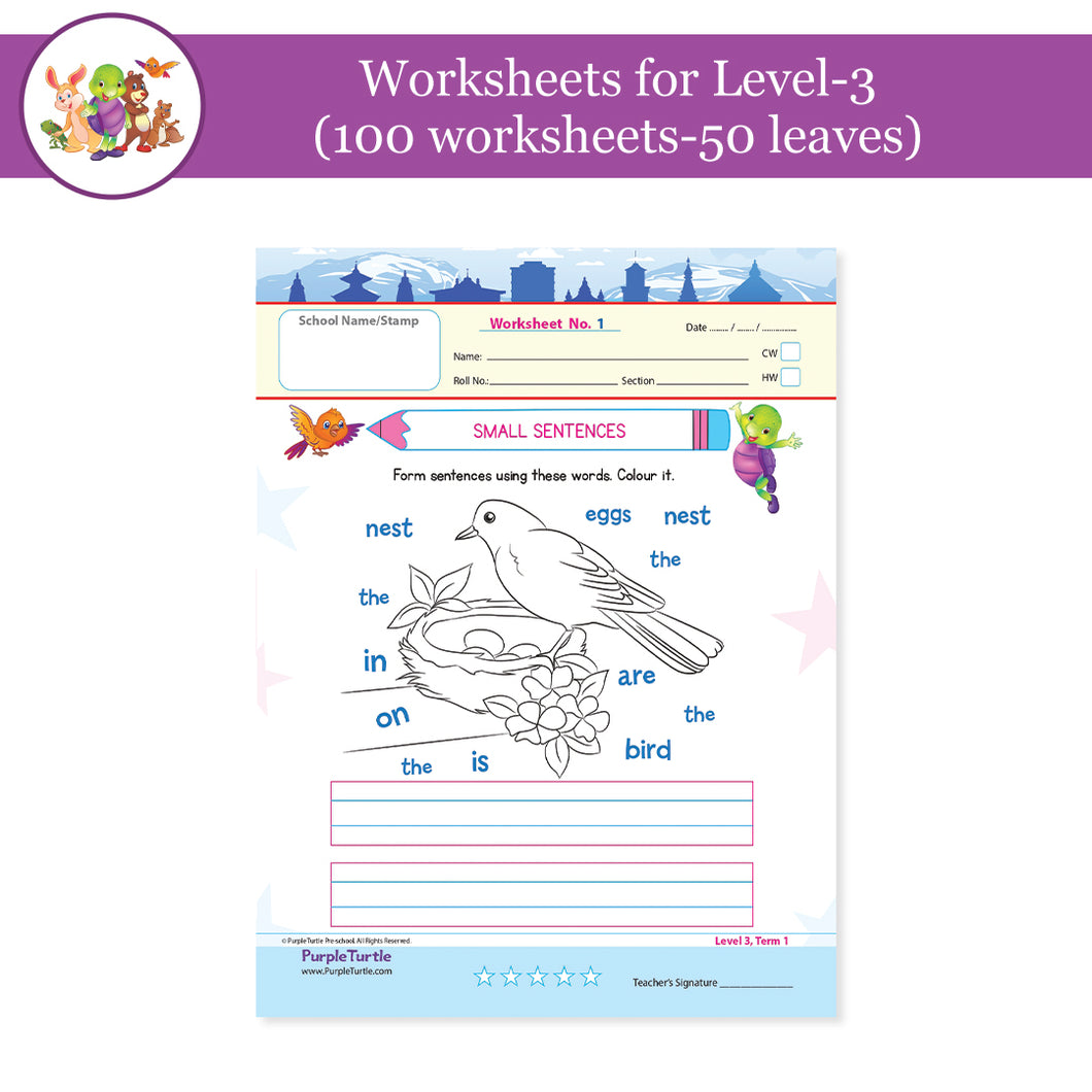 Purple Turtle Preschool Worksheets for UKG - English, Maths & EVS - 100 Worksheets (100 Activities - 50 Leaves) for Early Learning