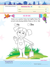 Load image into Gallery viewer, Purple Turtle Preschool Worksheets for UKG - English, Maths & EVS - 100 Worksheets (100 Activities - 50 Leaves) for Early Learning
