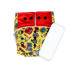 गैलरी व्यूवर में इमेज लोड करें, Purple Turtle Washable and Reusable Cloth Diaper with Inserts : Orange & Multicolour Cool Everyday Elements Pattern