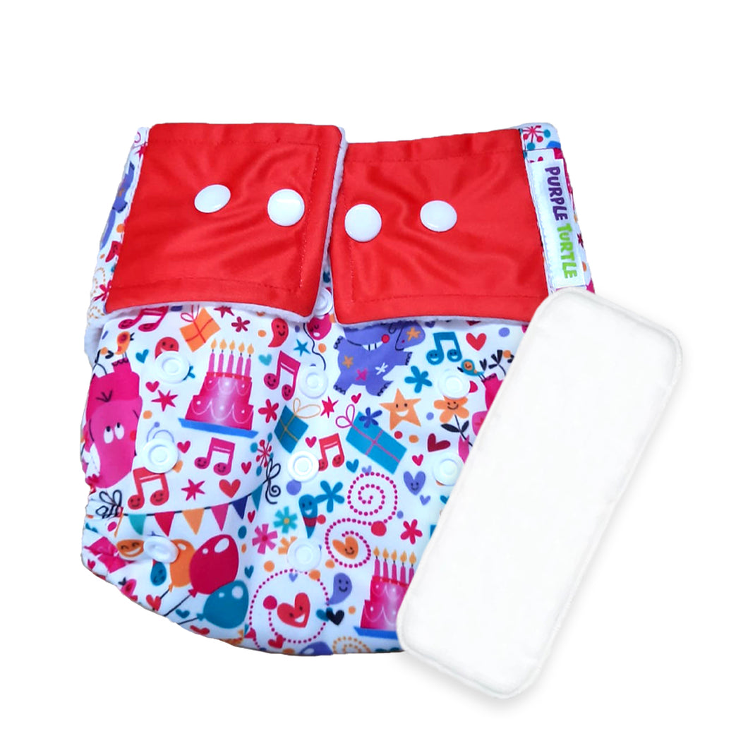 Purple Turtle Washable and Reusable Cloth Diaper with Inserts : Red, White & Multicolour Cute Birthday Party Elements Pattern