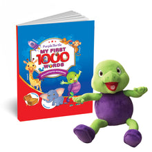 Load image into Gallery viewer, My First 1000 Words for Early Learning Illustrated Book to Learn Alphabet, Numbers, Shapes and Colours with Purple Turtle Adorable Super Soft Premium Quality Stuff Animal Turtle Plush Toy 30 CM  Purple, Green - For Kids Ages 2-8

