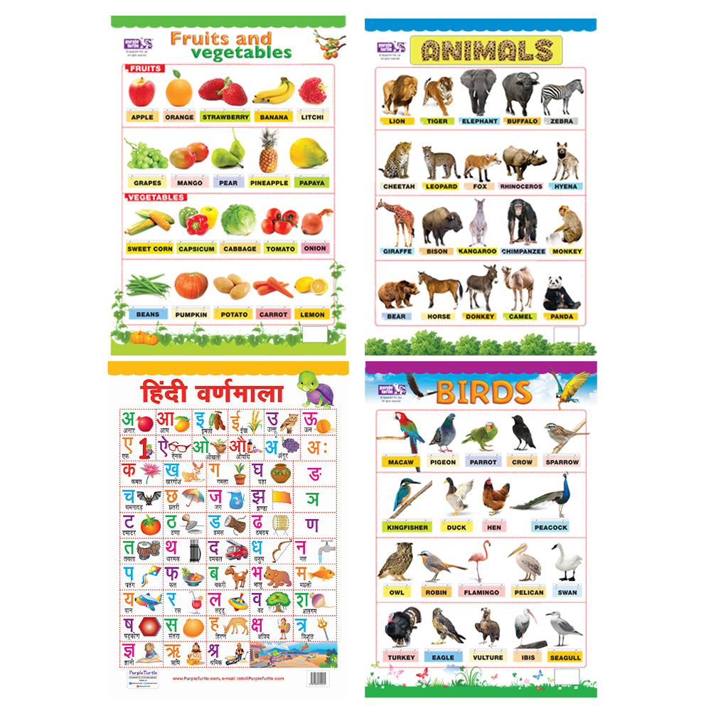 Fruit & Vegetables, Animals, Hindi Varnmala and Birds Educational wall Charts for Kids