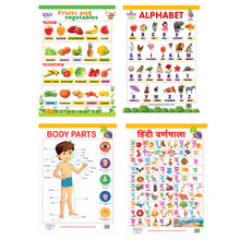 Load image into Gallery viewer, Fruits &amp; Vegetables, Alphabet, Body Parts and Hindi Varnmala Educational Wall Charts for Kids
