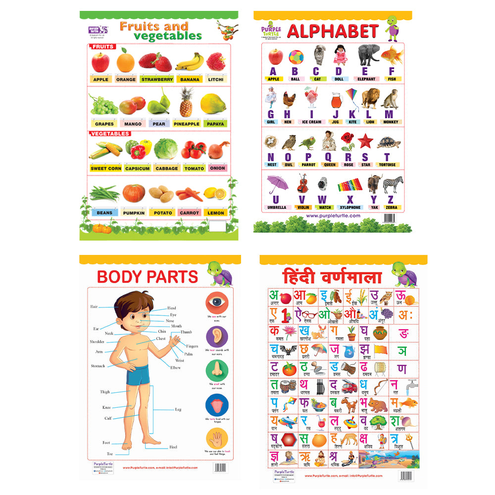 Fruits & Vegetables, Alphabet, Body Parts and Hindi Varnmala Educational Wall Charts for Kids