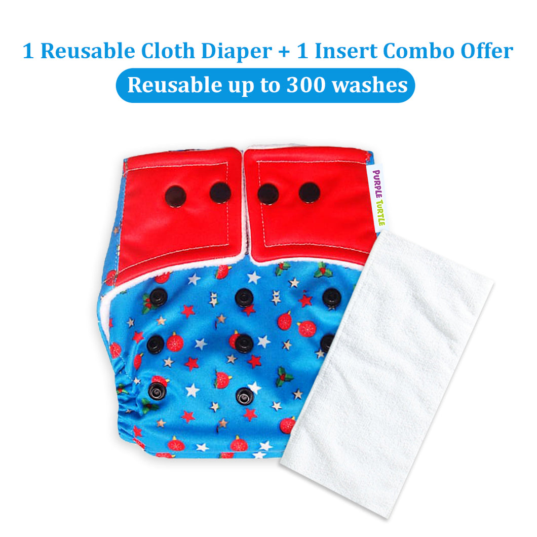 Purple Turtle Washable and Reusable Cloth Diaper with Inserts : Red & Blue, Cute Starry Night Elements Pattern