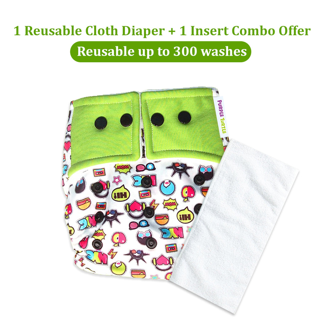 Purple Turtle Washable and Reusable Cloth Diaper with Inserts : Green, White & Multicolour Cool Everyday Elements Pattern