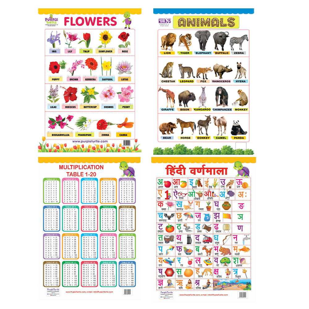 Flowers, Animals, Multiplication and Hindi Varnmala Educational Wall Charts for Kids