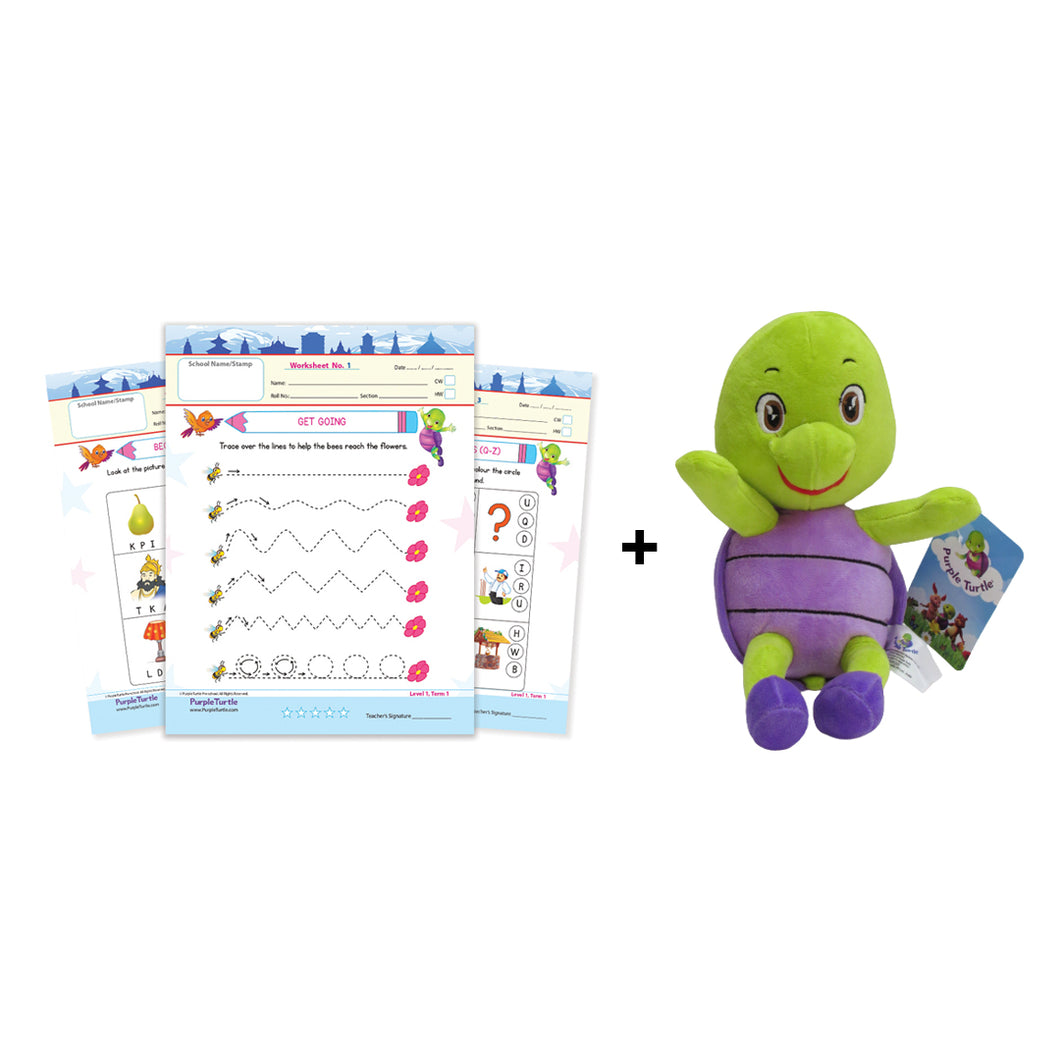 Purple Turtle Adorable Super Soft Premium Quality Stuff Animal Turtle Plush with  Purple Turtle Preschool Worksheets for Nursery - English, Maths & EVS - 100 Worksheets (100 Pages - 50 Leaves) for Early Learning