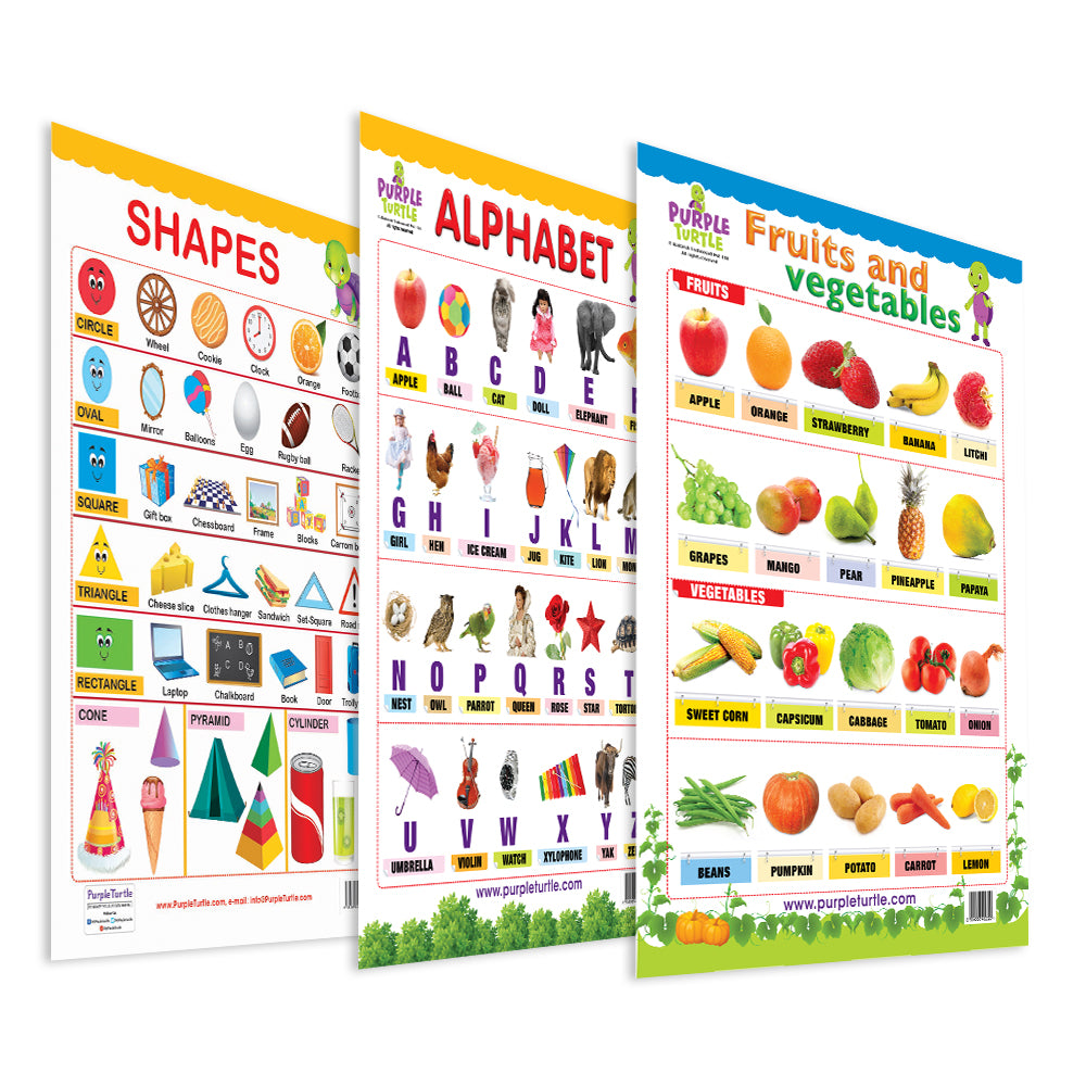 Fruits & Vegetables, Alphabet, and Shapes Educational Wall Charts for Kids